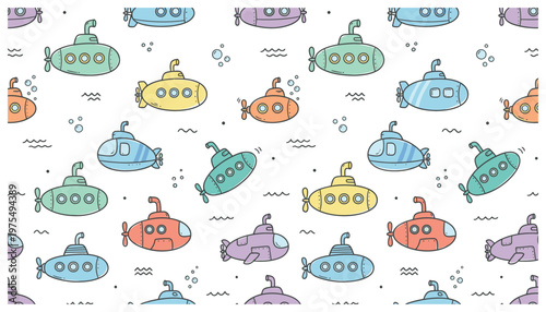 Colorful cartoon submarine illustrations on white background.