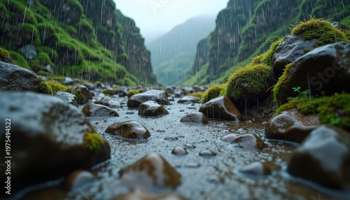 Rainy Day In A Lush Green Canyon With A Rocky Riverbed And Misty Mountains In The Background Wet Landscape