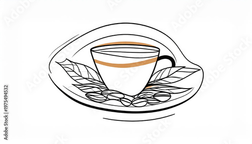 Elegant coffee cup on a saucer with coffee beans and leaves, artistic illustration.
