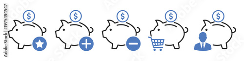 Piggy Bank Savings Icons: A collection of charming piggy bank icons, each symbolizing different aspects of savings, from favorites and additions to subtractions and shopping.