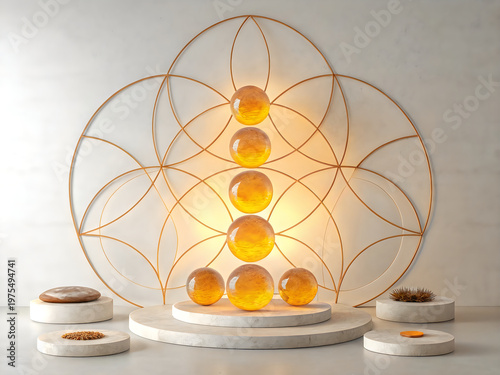 A geometric sculpture with orange and yellow balls