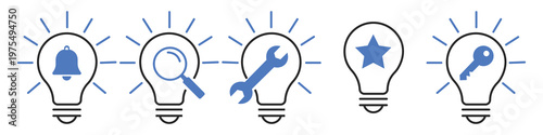 Creative Lightbulb Symbols: a creative lightbulb symbol shows different symbols like bell, magnifying glass, wrench, star, and key representing different ideas and innovation.