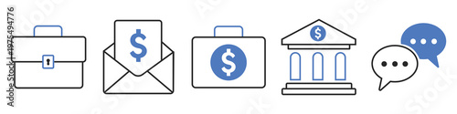 Finance Icons: An assortment of concise icons depicting essential financial elements: a briefcase, an envelope containing currency, a briefcase filled with currency, a bank, and a speech bubble.