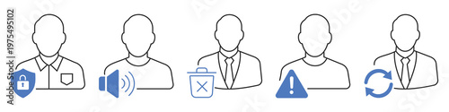 Digital Avatar with Icons: A collection of digital avatar with security, volume, deletion, warning, and refresh symbols. Illustrating concepts of user interaction, data management.