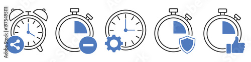 Time Management Icons: A series of clean, illustrative icons, each capturing a distinct aspect of time management, from setting alarms to the protection of time, each essential in productivity.