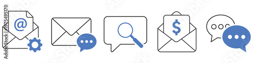 Digital Communication Icons: A set of digital communication icons, including email, chat bubbles, and a magnifying glass, depicting the modern ways people exchange information