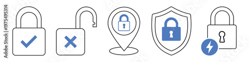 Digital Security Icons: A collection of concise icons depicting digital security concepts, including a secure padlock, an open lock, a location pin, and a protective shield, conveying security.