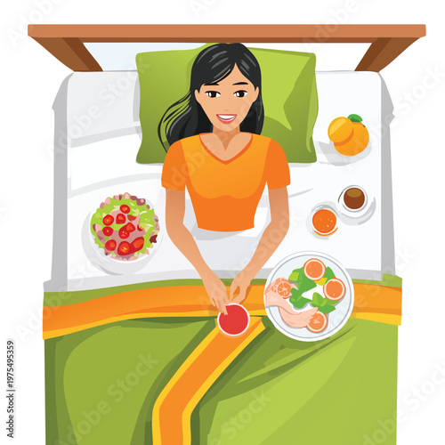 Woman enjoying breakfast in bed illustration overhead view healthy lifestyle