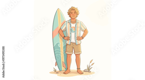 Young boy standing with surfboard beach.