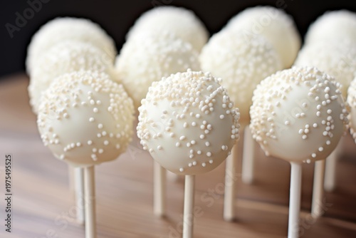 Cake pops covered in white chocolate and sprinkles standing on a wooden surface