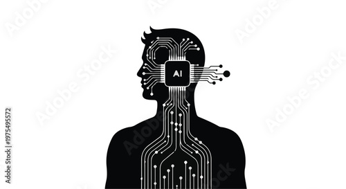 Artificial intelligence concept with human head and circuit board