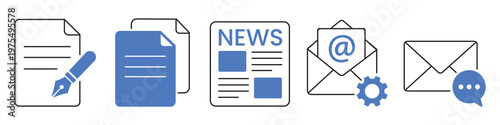 Iconic Communication Collection: A comprehensive set of communication icons, each symbolizing key elements of modern information exchange: document creation, news dissemination, email correspondence.