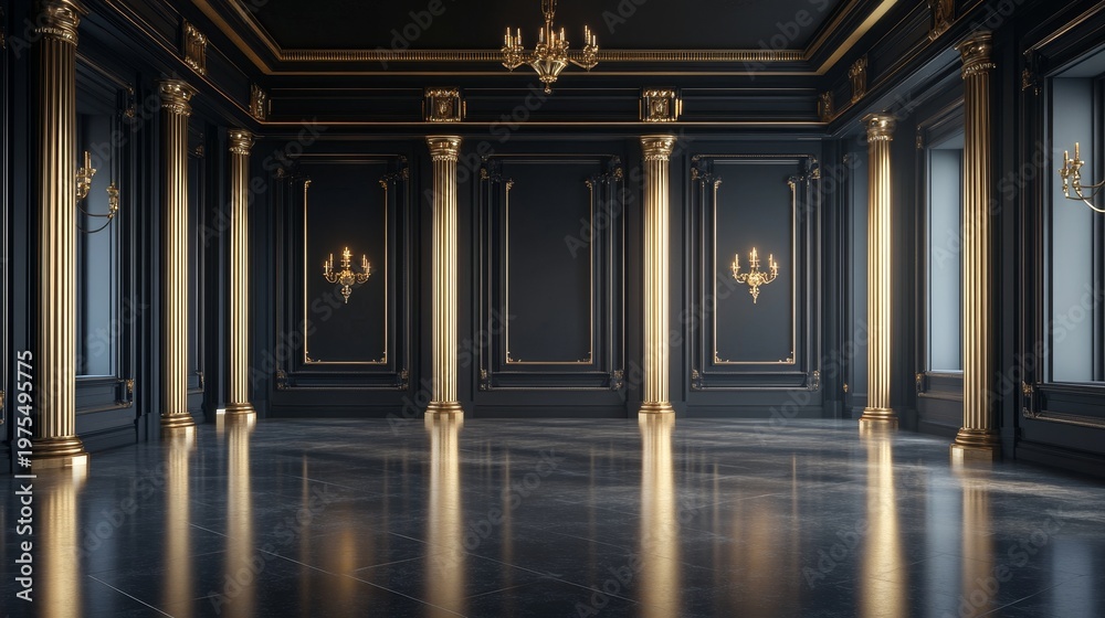Fototapeta premium Luxurious empty room with tall golden columns, ornate chandeliers, and reflective marble floor