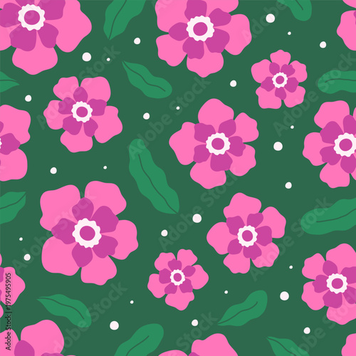 Seamless pattern with pink anemone flowers and leaves on a green background. Hand drawn vector illustration for fabric, packaging, wallpapers, and botanical themed designs.