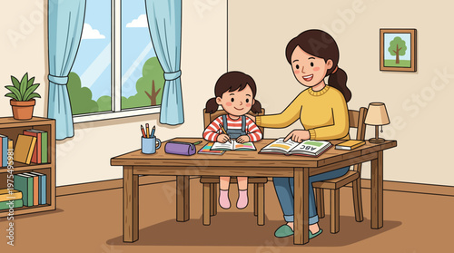 Mother Helping Child Study at Home Flat Vector Illustration, Homeschool Learning Concept. Perfect for education, parenting, homeschooling, and family bonding concepts.