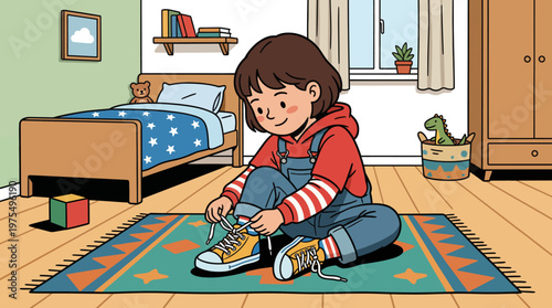 A young child sits on a colorful rug in a bright bedroom, smiling as they tie red sneakers surrounded by toys, a bed, nightstand and window, capturing independence and a morning routine.