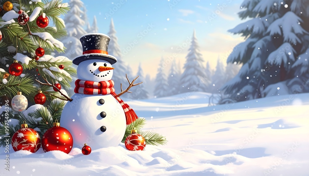 Obraz premium A cheerful snowman in a snowy forest beside a decorated Christmas tree
