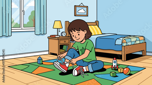 A young child sits on a colorful rug in a bright bedroom, smiling as they tie red sneakers surrounded by toys, a bed, nightstand and window, capturing independence and a morning routine.
