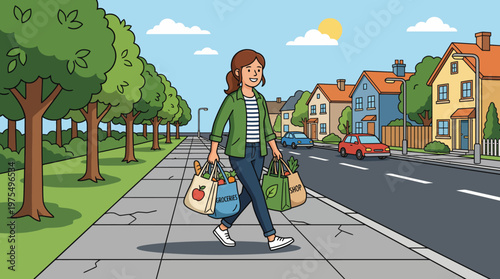 Smiling Woman Walking With Grocery Bags Along Tree-Lined Suburban Street On a Sunny Day,  Casual, eco-friendly lifestyle image conveying everyday errands, community and sunny weather.