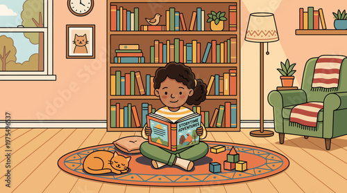 Young Boy Reading Stories on a Rug in a Cozy Playroom With Toys and Books