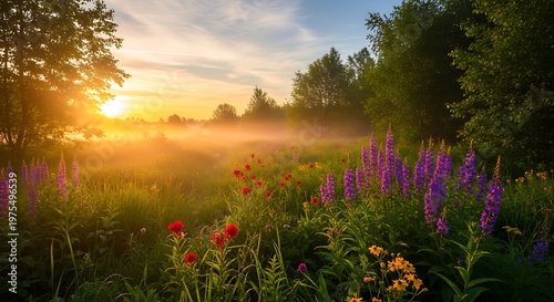Beautiful sunrise over a misty meadow filled with wildflowers.