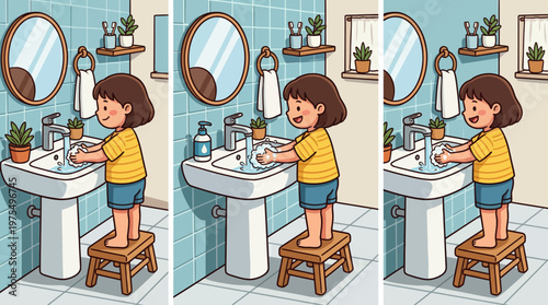 Little Girl Washing Hands at Bathroom Sink on Stool Practicing Healthy Hygiene Routine, , clean setting emphasizes childhood hygiene, routine, safety and parental care.