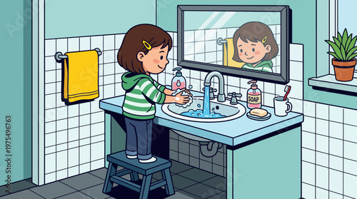 Little Girl Washing Hands at Bathroom Sink on Stool Practicing Healthy Hygiene Routine, , clean setting emphasizes childhood hygiene, routine, safety and parental care.