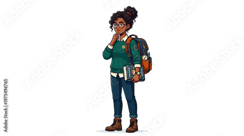 Young girl with backpack and books.