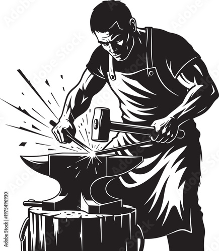 Vintage blacksmith forging metal on anvil, muscular craftsman with hammer and sparks, retro woodcut style blacksmithing vector illustration