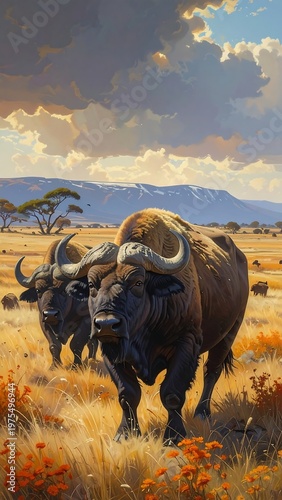 A serene savannah scene with two large brown bulls