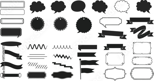 A collection of black and white speech bubbles and banners