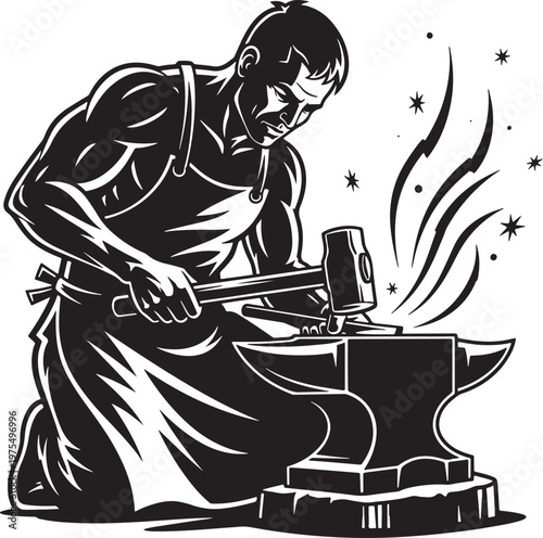 Vintage blacksmith vector illustration, muscular metalworker forging iron on anvil with hammer, retro industrial craftsman mascot for logo design