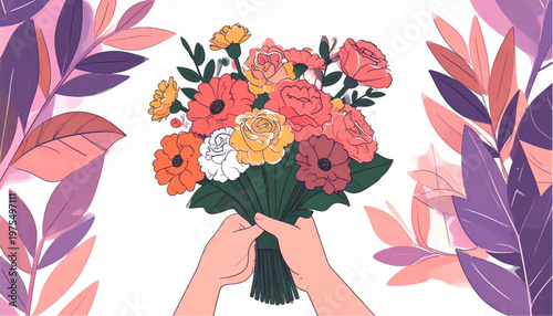 Hands Holding Colorful Flower Bouquet.