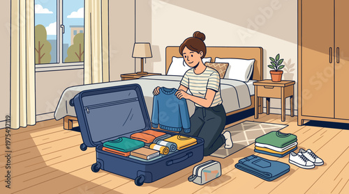 A young woman folds and packs clothes into an open suitcase on a bed, organizing items for travel in a tidy, sunlit bedroom, conveying preparation, organization and anticipation for a trip