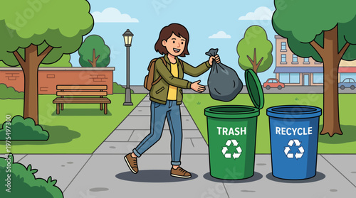 Woman Throwing Trash Into Green Bin in Park Showing Litter Prevention and Environmental Care, promoting cleanliness, responsible waste disposal and community environmental care on a sunny day.