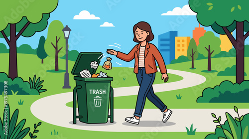 Woman Throwing Trash Into Green Bin in Park Showing Litter Prevention and Environmental Care, promoting cleanliness, responsible waste disposal and community environmental care on a sunny day.