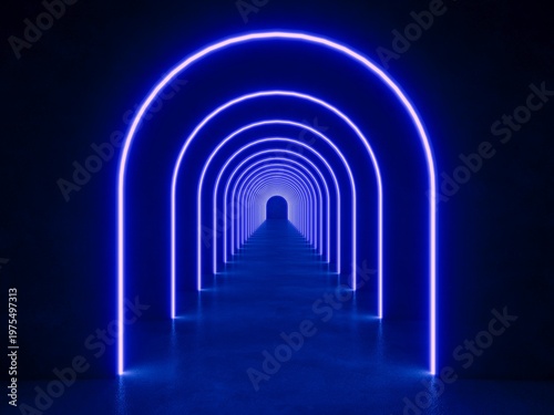 Blue modern lighting with interior empty tunnel, 3d rendering sci-fi concept
