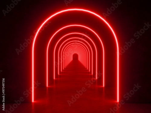 red modern lighting with interior empty tunnel, 3d rendering sci-fi concept