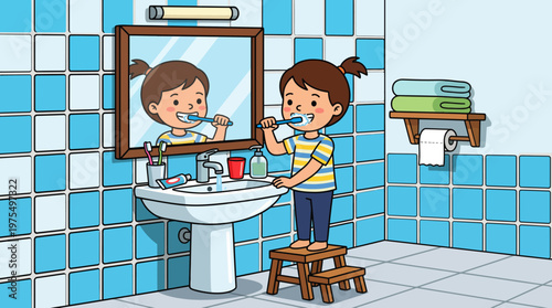 Young child standing on a stool at a tiled bathroom sink, happily brushing teeth in front of the mirror as part of a daily hygiene and morning routine.