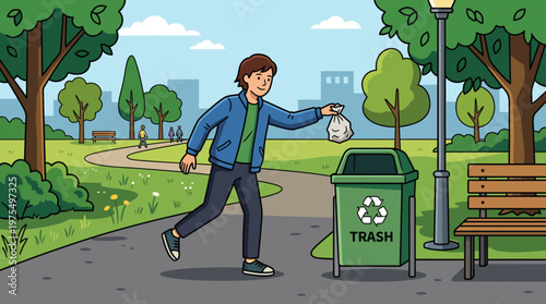 Woman Throwing Trash Into Green Bin in Park Showing Litter Prevention and Environmental Care, promoting cleanliness, responsible waste disposal and community environmental care on a sunny day.