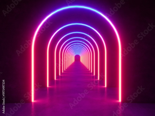 colorful modern lighting with interior empty tunnel, 3d rendering sci-fi concep