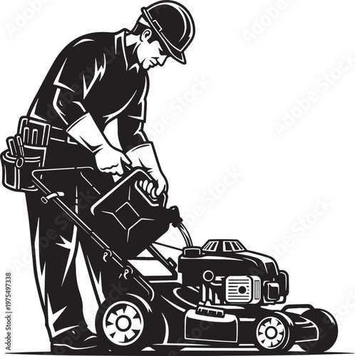 Professional landscaper refueling lawn mower vector, gardener with fuel canister and lawnmower equipment, black and white landscaping service illustration