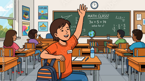 Students Raising Hands in Classroom with Teacher During Math Lesson Flat Vector Illustration