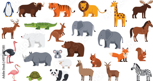 Cartoon Wild and Domestic Animals Vector Illustration Set Featuring Lion, Tiger, Elephant, Fox, Zebra, Kangaroo and Cute Wildlife Character Collection.
