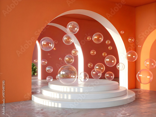 A white podium with bubbles floating around it