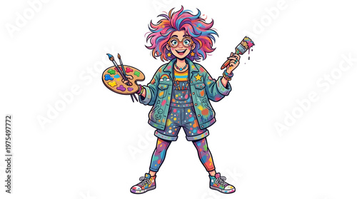 Young girl with purple hair painting.