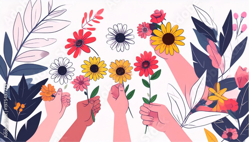 Hands holding colorful flower bouquets.