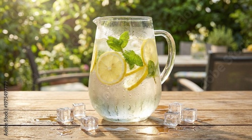 Frosted pitcher with lemon slices and mint on wooden table outdoors  