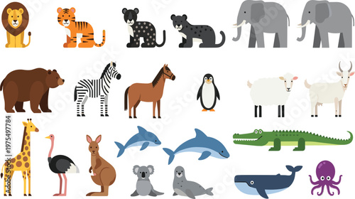 Cute Zoo Animals Vector Illustration Set Featuring Lion, Tiger, Elephant, Zebra, Giraffe, Dolphin, Crocodile and Cartoon Wildlife Character Collection.