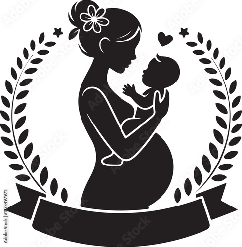 Mother holding newborn baby silhouette illustration vector